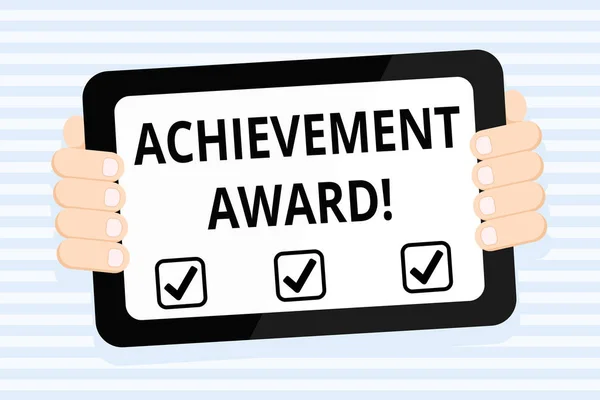 Writing note showing Achievement Award. Business photo showcasing recognizes worthy and outstanding achievement in job skill Color Tablet Smartphone with Screen Handheld Back of Gadget. — Stock Photo, Image