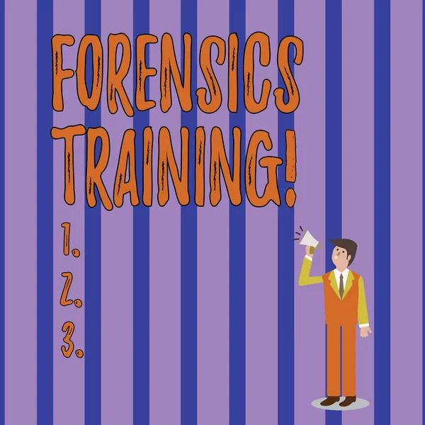 Writing note showing Forensics Training. Business photo showcasing scientific methods and processes to solving crimes Businessman Looking Up and Talking on Megaphone with Volume Icon. — 스톡 사진