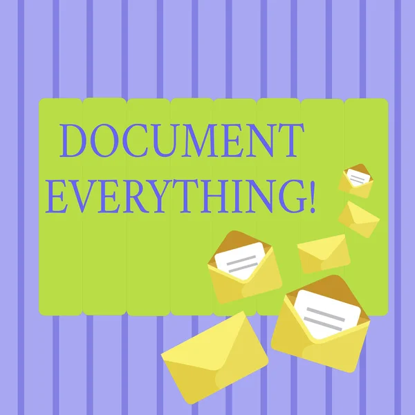 Writing note showing Document Everything. Business photo showcasing computer file that contains text that you have written Closed and Open Envelopes with Letter on Color Stationery. — 스톡 사진