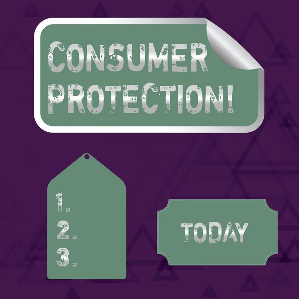 Γραπτό σημείωμα που δείχνει την προστασία των καταναλωτών. Business photo showcasing regulation που στοχεύει στην προστασία των δικαιωμάτων των καταναλωτών Color Label Αυτοκόλλητο Αυτοκόλλητο αυτοκόλλητο με Border Corner και Tag. — Φωτογραφία Αρχείου