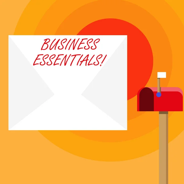 Texto de escritura de palabras Business Essentials. Concepto de negocio para ideas clave importantes para mejorar las habilidades comerciales Sobres blancos grandes en blanco y buzón rojo abierto con señalización de bandera pequeña . — Foto de Stock