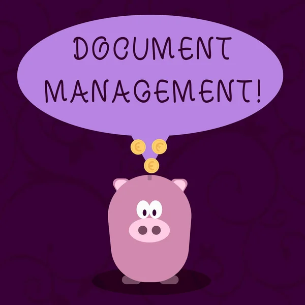 Pisanie tekstu Zarządzanie dokumentami. Business concept for Computerized analysisagement of electronic documents Color Speech Bubble with Gold Euro Monety na ogonie wskazujące na Piggy Bank. — Zdjęcie stockowe