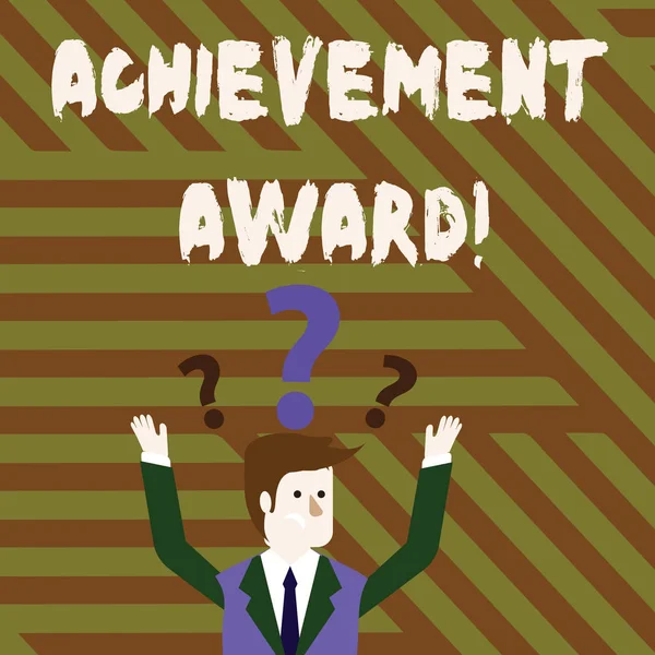 Conceptual hand writing showing Achievement Award. Business photo text recognizes worthy and outstanding achievement in job skill Businessman Raising Both Arms with Question Marks Above Head. — 스톡 사진