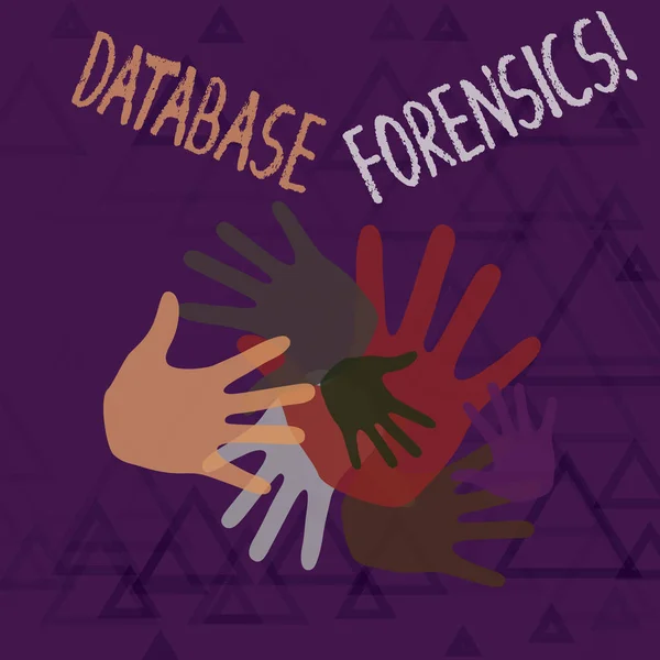 Text sign showing Database Forensics. Conceptual photo identifying transactions within a database system Color Hand Marks of Different Sizes Overlapping for Teamwork and Creativity. — Stock fotografie