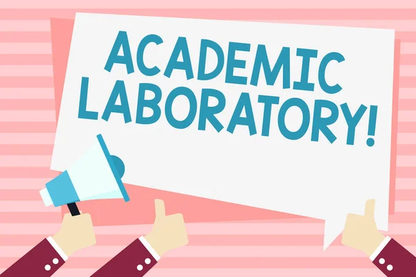 Handwriting text Academic Laboratory. Concept meaning where students can go to receive academic support Hand Holding Megaphone and Other Two Gesturing Thumbs Up with Text Balloon.
