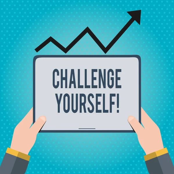 Text sign showing Challenge Yourself. Conceptual photo opportunity to be part of something bigger than ourselves Hand Holding Blank Screen Tablet under Black Progressive Arrow Going Upward. — Stock Photo, Image