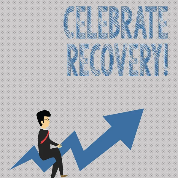 Writing note showing Celebrate Recovery. Business photo showcasing recovery program for anyone struggling with hurt or pain Businessman with Eyeglasses Riding Crooked Arrow Pointing Up. — 스톡 사진