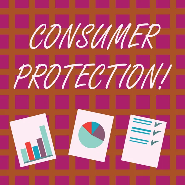 Εννοιολογική γραφή στο χέρι που δείχνει την προστασία των καταναλωτών. Επιχειρηματική φωτογραφία που στοχεύει στην προστασία των δικαιωμάτων των καταναλωτών παρουσίαση του γραφήματος ράβδων, δεδομένων και πίτας σε Λευκή Βίβλο. — Φωτογραφία Αρχείου