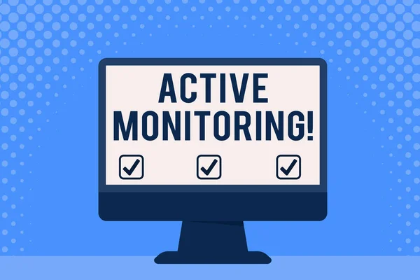 Conceptueel handschrift dat actieve monitoring weergeeft. Zakelijke fotopresentatie demonstreren belast uitgaan en controleer werkplek voorwaarden desktop computer kleurrijke monitor scherm vrijstaande tafel. — Stockfoto