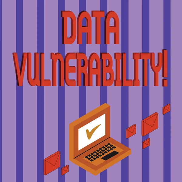 Word writing text Data Vulnerability. Business concept for weakness of a data which can be exploited by an attacker Color Mail Envelopes around Laptop with Check Mark icon on Monitor Screen.