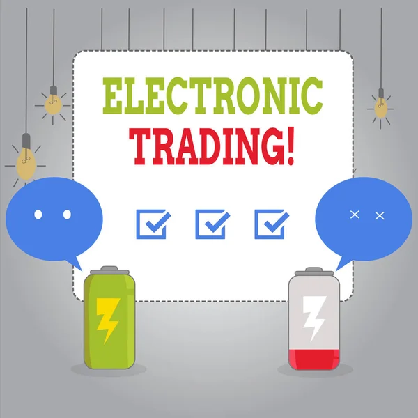 Escrevendo nota mostrando Electronic Trading. Business photo showcasing método de negociação de derivados financeiros eletronicamente Totalmente Carregar e Descarregar Bateria com Emoji Speech Bubble . — Fotografia de Stock