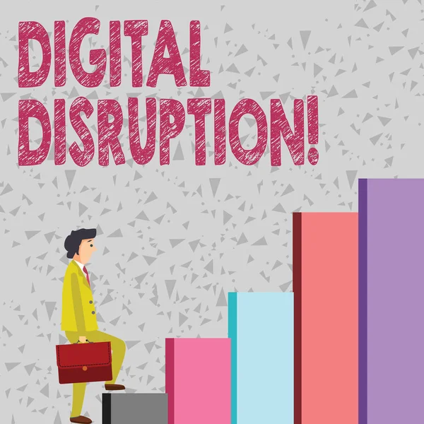 Handwriting text Digital Disruption. Concept meaning transformation caused by emerging digital technologies Businessman Carrying a Briefcase is in Pensive Expression while Climbing Up.