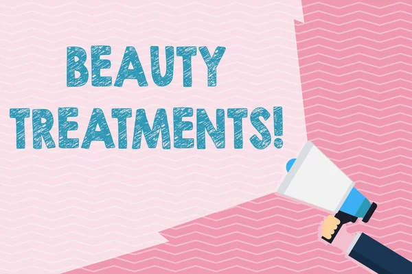 Writing note showing Beauty Treatments. Business photo showcasing use of some form of treatment to improve someone s is beauty Hand Holding Megaphone with Beam Extending the Volume Range.