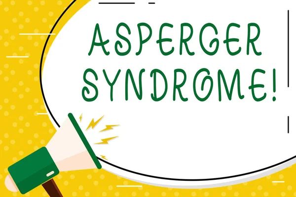 Writing note showing Asperger Syndrome. Business photo showcasing characterized as a distinct autism spectrum disorder Oval Shape Sticker and Megaphone Shouting with Volume Icon.