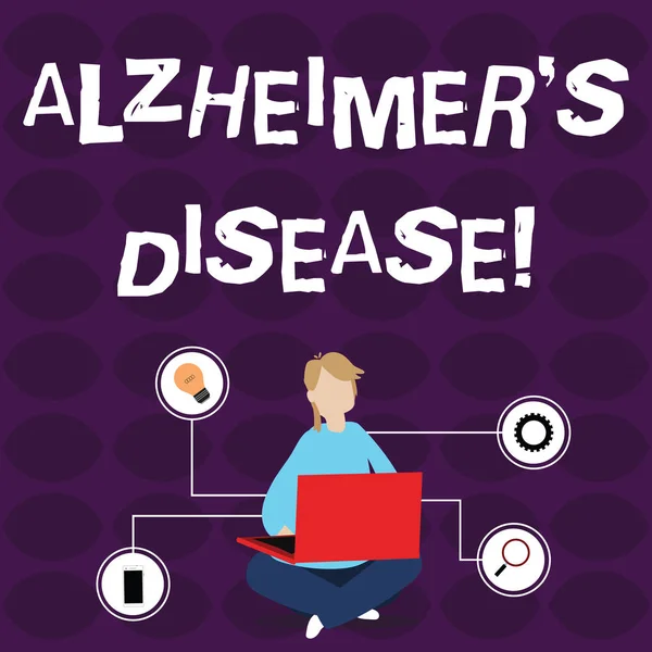 A szövegírás az Alzheimer-kór. Üzleti koncepció a fejlett mentális romlás fordul elő az idős korban Nő ül keresztbe lábak padlón Böngészés a laptop technikai ikonok. — Stock Fotó
