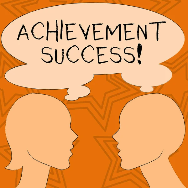 Writing note showing Achievement Success. Business photo showcasing status of having achieved and accomplished an aim Silhouette Sideview Profile of Man and Woman Thought Bubble. — Stok fotoğraf