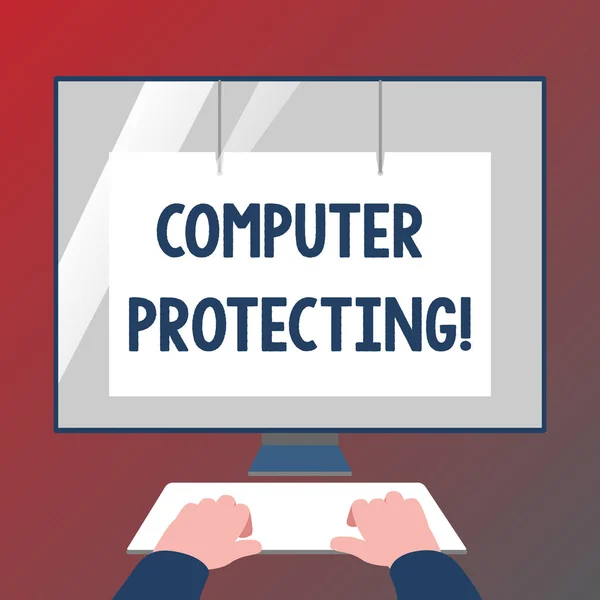 Escritura manual conceptual que muestra protección informática. Foto comercial que muestra la protección de la computadora contra intrusiones no autorizadas Manos en el teclado Monitor blanco frontal con protector de pantalla . — Foto de Stock