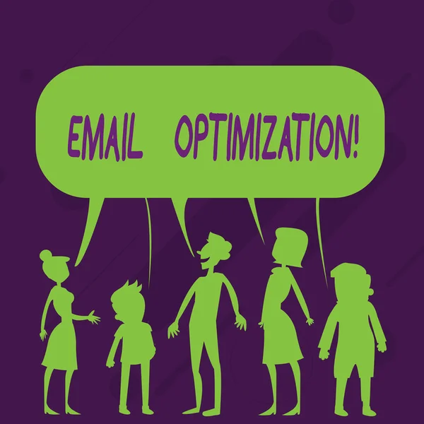 Word writing text Email Optimization. Business concept for email marketer to maximize the effectiveness of campaign Silhouette Figure of People Talking and Sharing One Colorful Speech Bubble. — 스톡 사진