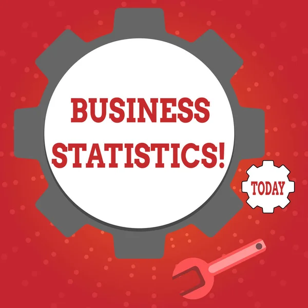 Writing note showing Business Statistics. Business photo showcasing Science of intelligent decision making in the business Wheel Gear and Wrench Mechanical Tool for SEO and Web Icon. — ストック写真