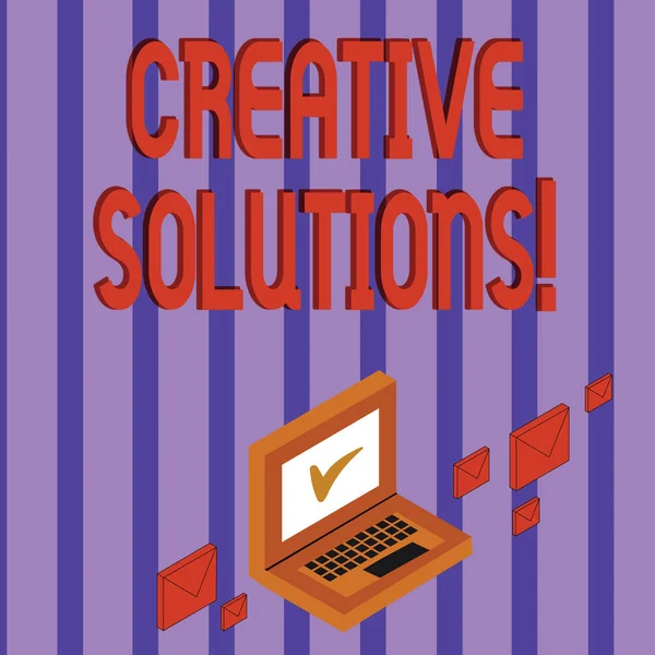 Texto de escritura de palabras Soluciones creativas. Concepto de negocio para el proceso mental de crear una solución a un problema Color Mail Envelopes around Laptop with Check Mark icon on Monitor Screen . — Foto de Stock