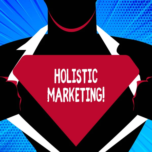 Handwriting text writing Holistic Marketing. Concept meaning developed by thinking about the business as a whole Man in Superman Pose Opening his Shirt to reveal the Blank Triangular Logo.