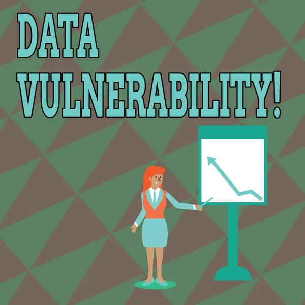 Text sign showing Data Vulnerability. Conceptual photo weakness of a data which can be exploited by an attacker Businesswoman Holding Stick Pointing to Chart of Arrow Upward on Whiteboard.