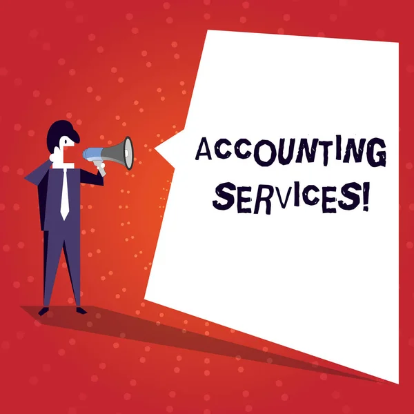 Writing note showing Accounting Services. Business photo showcasing analyze financial transactions of a business or a demonstrating Businessman Shouting on Megaphone and White Speech Bubble. — Stock Photo, Image