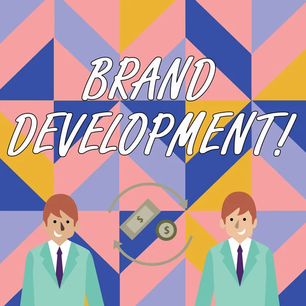 Writing note showing Brand Development. Business photo showcasing improving customers knowledge and opinions of a brand Money in Dollar Sign in Rotating Arrows Between Businessmen. — Stockfoto
