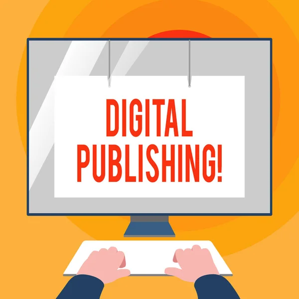 Word writing text Digital Publishing. Business concept for content that distributed digitally over the Internet Hands on Mockup Keyboard Front of Blank White Monitor with Screen Protector. — Stock Photo, Image