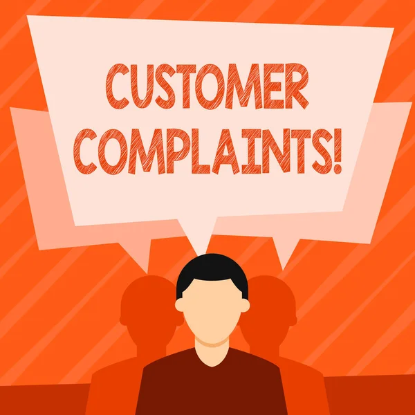 Word writing text Customer Complaints. Business concept for expression of dissatisfaction on a consumer s is behalf Faceless Man has Two Shadows Each has Their Own Speech Bubble Overlapping. — Stock Photo, Image