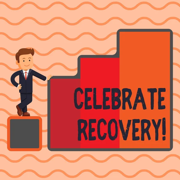 Word writing text Celebrate Recovery. Business concept for recovery program for anyone struggling with hurt or pain Happy Businessman Presenting Growth and Success in Rising Bar Graph Columns. — 스톡 사진