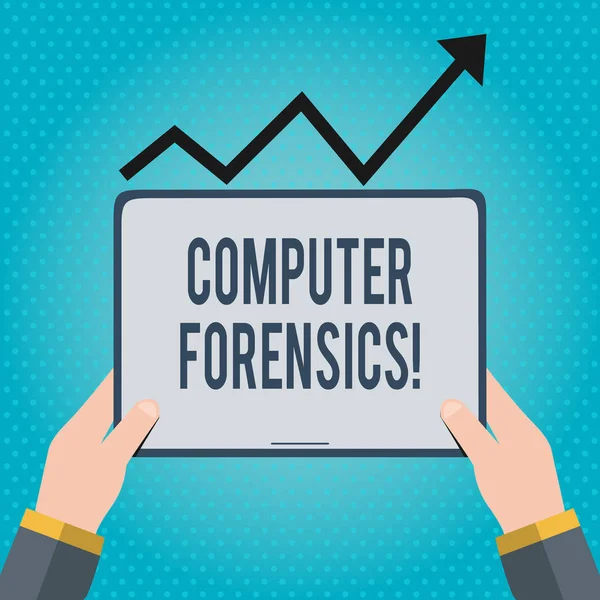 Text sign showing Computer Forensics. Conceptual photo the investigative analysis techniques on computers Hand Holding Blank Screen Tablet under Black Progressive Arrow Going Upward.