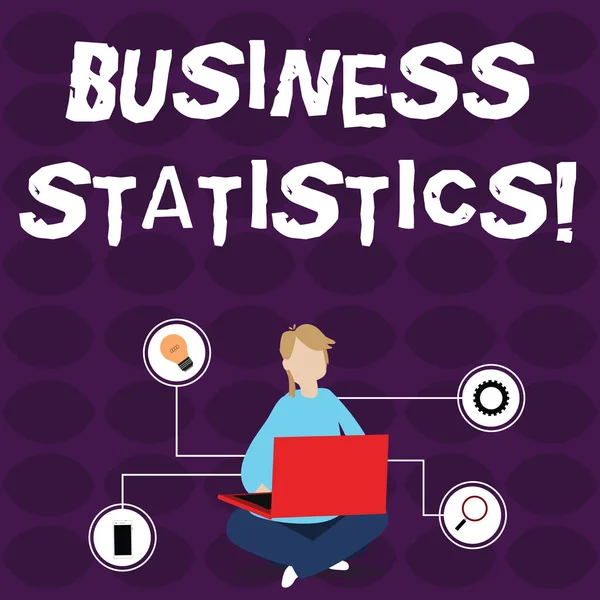 Word writing text Business Statistics. Business concept for Science of intelligent decision making in the business Woman Sitting Crossed Legs on Floor Browsing the Laptop with Technical Icons.