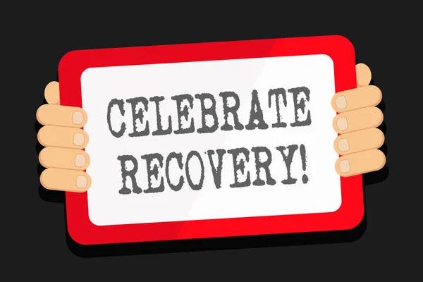 Word writing text Celebrate Recovery. Business concept for recovery program for anyone struggling with hurt or pain Color Tablet Smartphone with Blank Screen Handheld from the Back of Gadget. — 스톡 사진