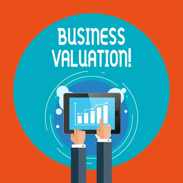 Text sign showing Business Valuation. Conceptual photo determining the economic value of a whole business Businessman Hand Touching Pointing to Bar Line Chart on Smartphone Screen. — Stock Photo, Image