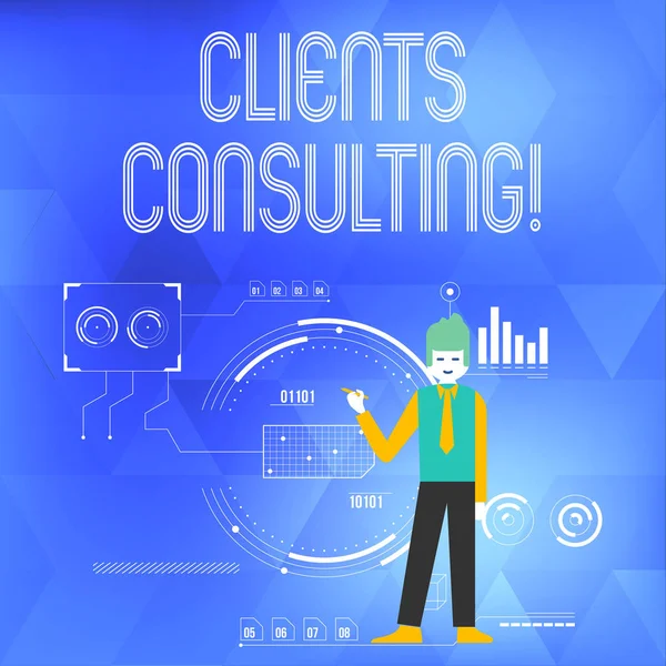 Texto de escritura de palabras Clients Consulting. Concepto de negocio para proporcionar conocimiento experto a un tercero por una tarifa Man Standing Holding Pen Apuntar a diagrama gráfico con iconos de proceso SEO . —  Fotos de Stock