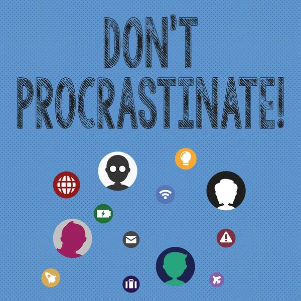Notatka z napisem "Don T Procrastinate". Pokazywanie zdjęć biznesowych Unikaj opóźniania lub spowalniania czegoś, co musi być zrobione Networking Ikony techniczne Czat Heads on Screen for Link Up. — Zdjęcie stockowe