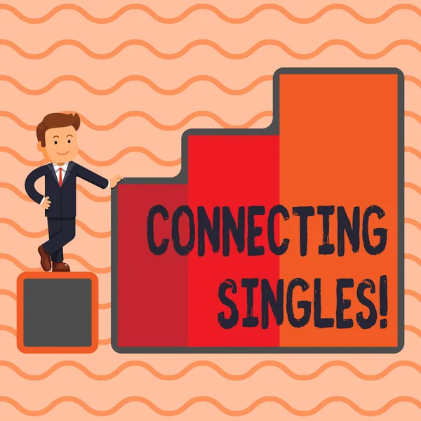 Tekst pisania słów Connecting Singles. Biznes koncepcja dla portalu randkowego online dla singli bez zobowiązań Happy Businessman Presenting Growth and Success in Rising Bar Graph Columns. — Zdjęcie stockowe