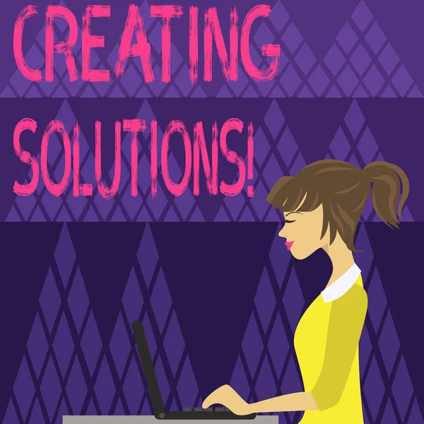 Writing note showing Creating Solutions. Business photo showcasing Make ways to solve a problem or dealing with situation photo of Young Busy Woman Sitting Side View and Working on her Laptop. — 스톡 사진