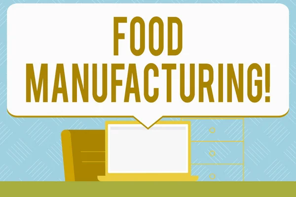 Skriva lapp som visar Livsmedelstillverkning. Affärsfoto visa upp omvandling av jordbruksprodukter till mat Tal Bubbla Peka Vit laptop Skärm i Workspace Idé. — Stockfoto