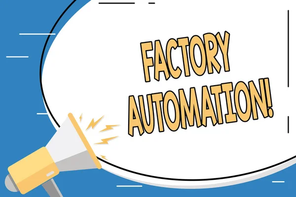 Conceptual hand writing showing Factory Automation. Business photo showcasing automatic operation and control of machinery or processes Blank White Huge Oval Shape Sticker and Megaphone Shouting. — Stock Photo, Image