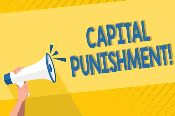 Handwriting text writing Capital Punishment. Concept meaning authorized killing of someone as punishment for a crime Human Hand Holding Tightly a Megaphone with Sound Icon and Blank Text Space. — Zdjęcie stockowe