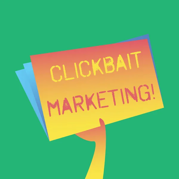 Signo de texto que muestra Clickbait Marketing. Foto conceptual Contenido en línea que tienen como objetivo generar vistas de página Mano Sosteniendo y levantando espacio en blanco Carpeta de archivos colorido con hoja dentro . —  Fotos de Stock