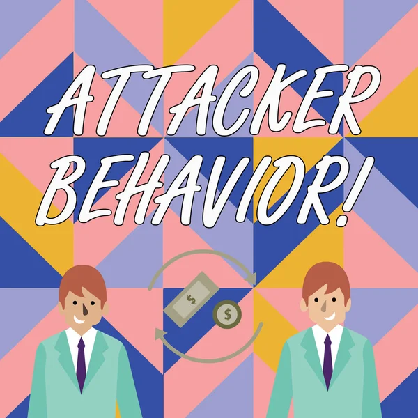 Writing note showing Attacker Behavior. Business photo showcasing analyze and predict the attacker behavior of the attack Money in Dollar Sign in Rotating Arrows Between Businessmen.