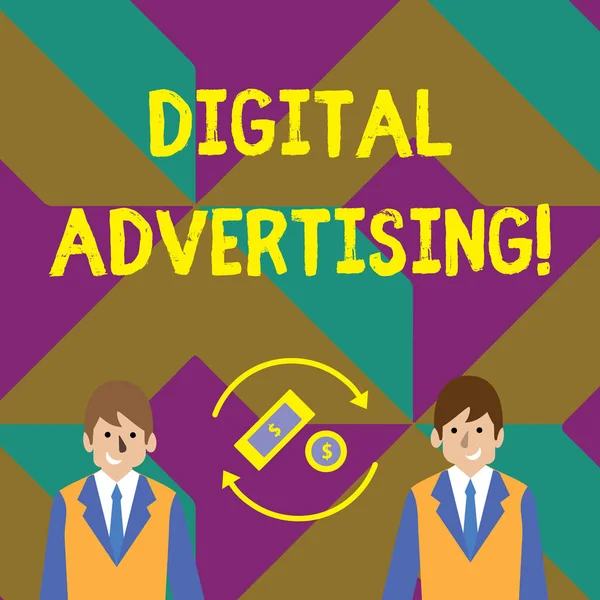 Text sign showing Digital Advertising. Conceptual photo marketing of products or services using internet Money in Dollar Currency Sign Inside Rotating Arrows Between Two Businessmen.