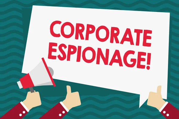 Handwriting text Corporate Espionage. Concept meaning form of espionage conducted for commercial purpose Hand Holding Megaphone and Other Two Gesturing Thumbs Up with Text Balloon.