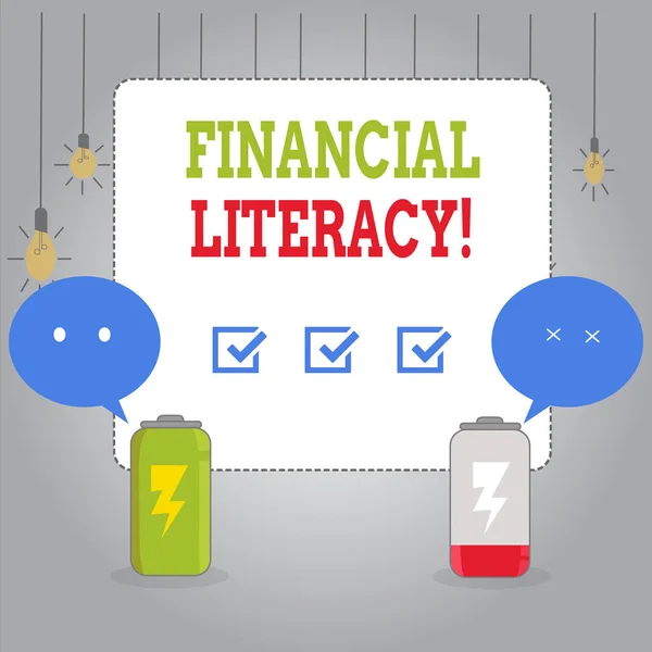 Escribiendo una nota que muestra la educación financiera. Foto de negocios que muestra la educación y la comprensión de varias áreas financieras Completamente carga y descarga de la batería con Emoji Speech Bubble . — Foto de Stock