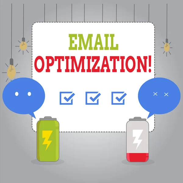 Writing note showing Email Optimization. Business photo showcasing email marketer to maximize the effectiveness of campaign Fully Charge and Discharge Battery with Emoji Speech Bubble. — 스톡 사진