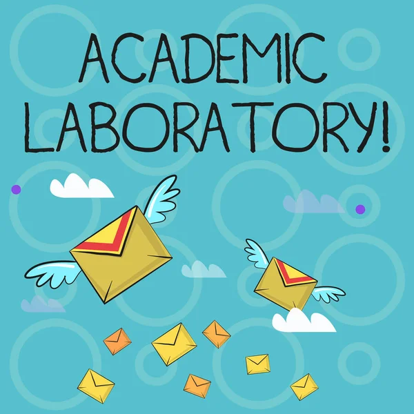 Akademik Laboratuvarı gösteren kavramsal el yazısı. Öğrencilerin akademik destek almak için gidebilecekleri resimli metin Renkli Hava Postası Mektup Zarfları ve Kanatlı İki Adet. — Stok fotoğraf