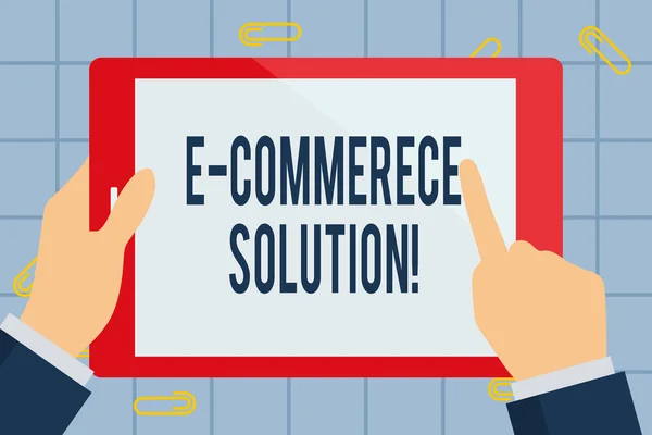 Text sign showing E Commerce Solution. Conceptual photo Software used by business in selling products online Businessman Hand Holding, Pointing and Touching Colorful Tablet Blank Screen.